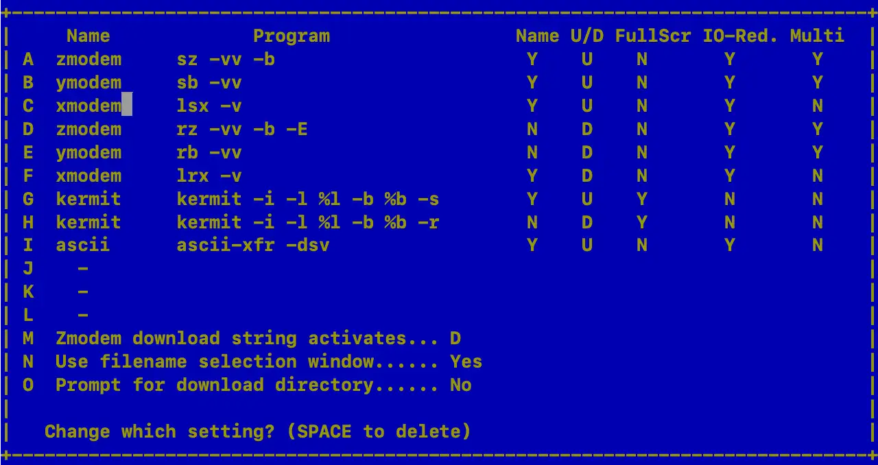 Minicom file transfer setup menu
