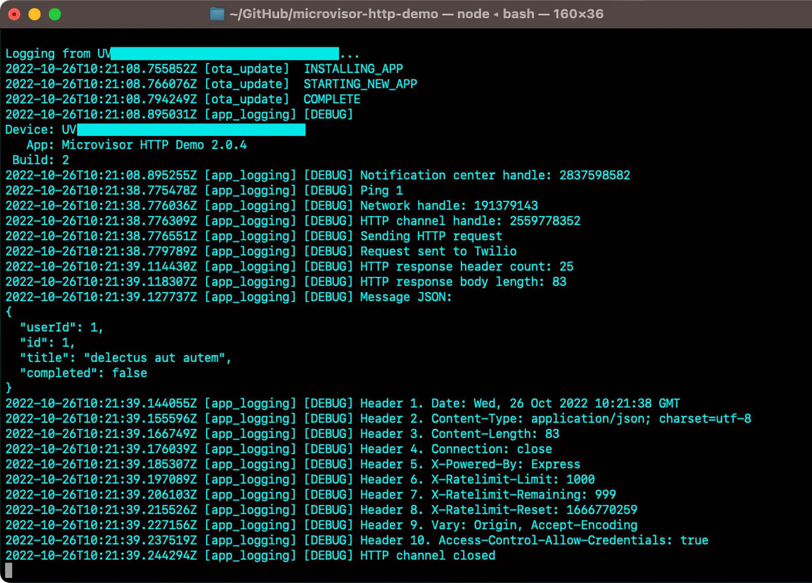Microvisor HTTP demo in operation