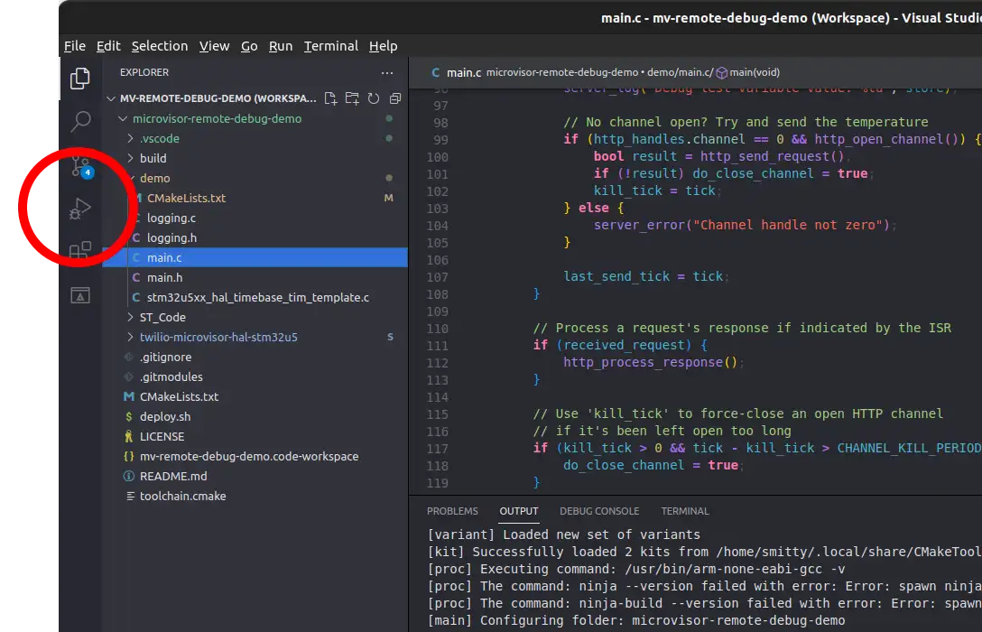 Microvisor Remote Debugging with VSCode select Run and Debug