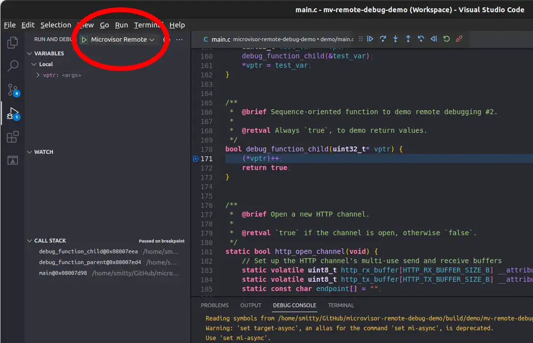 Microvisor Remote Debugging with VSCode start a debugging session