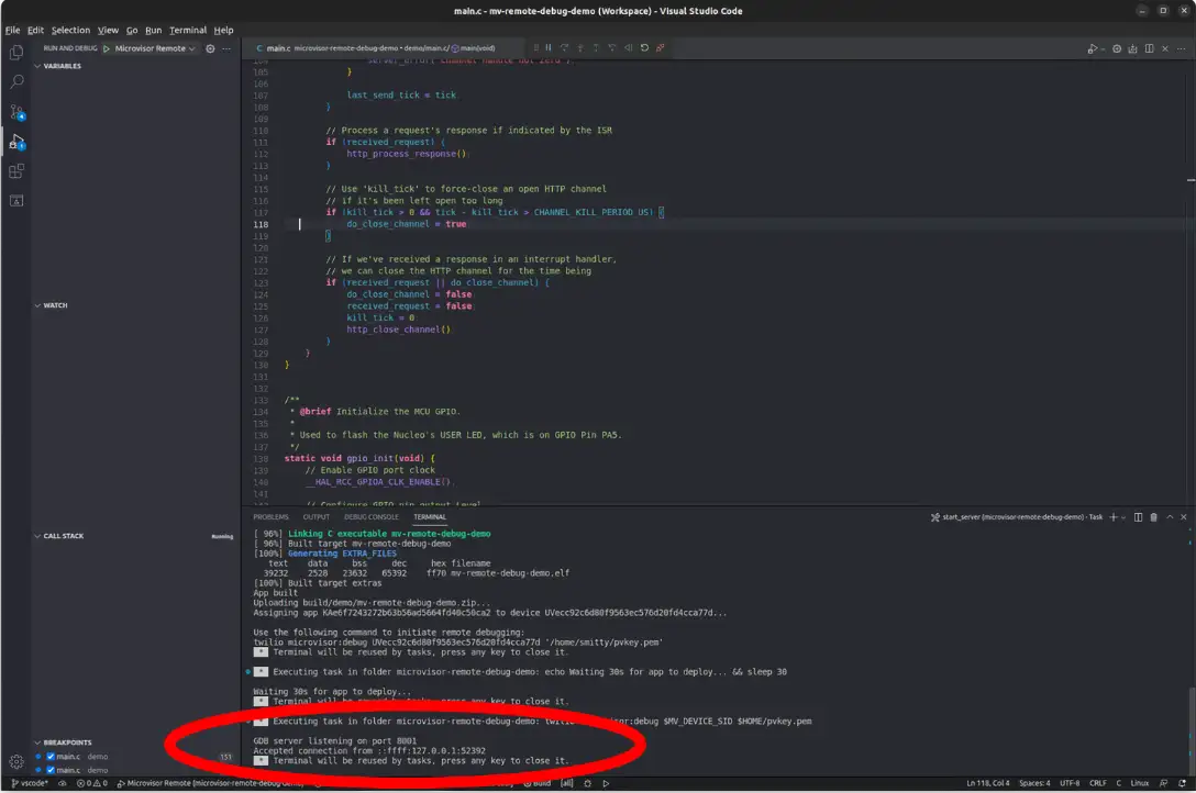 Microvisor Remote Debugging with VSCode look for the GDB server's readiness