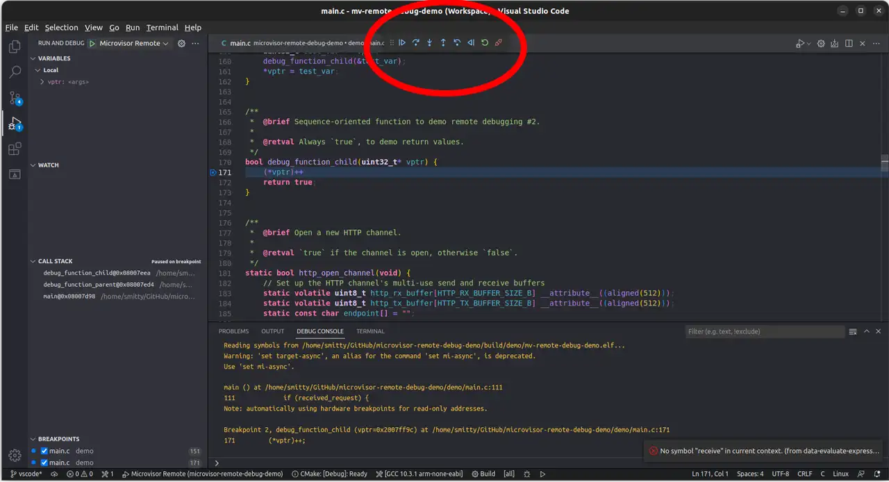 Microvisor Remote Debugging with VSCode control the debug session