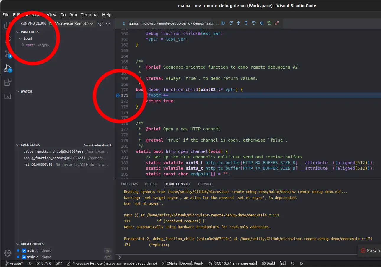 Microvisor Remote Debugging with VSCode set breakpoints and check variables