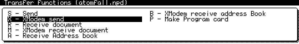 NC100 transfer functions menu xmodem receive