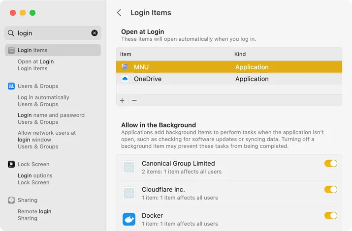 Set MNU to run when you log into your Mac