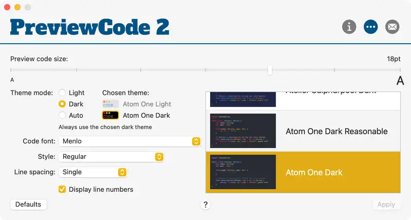 Dark theme selection in PreviewCode