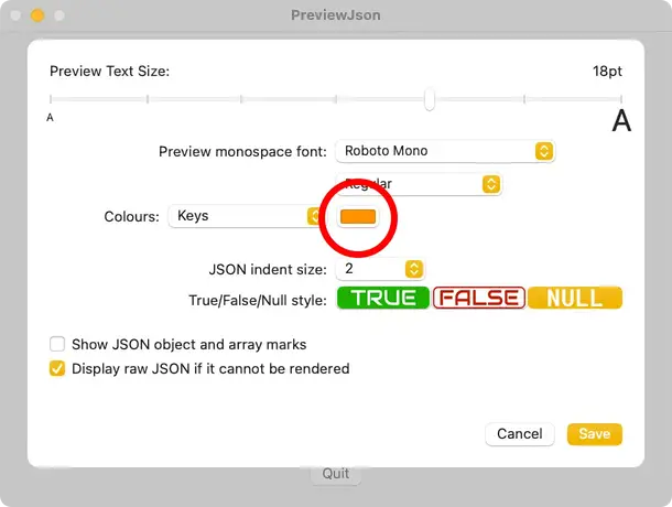 PreviewJson colour selection