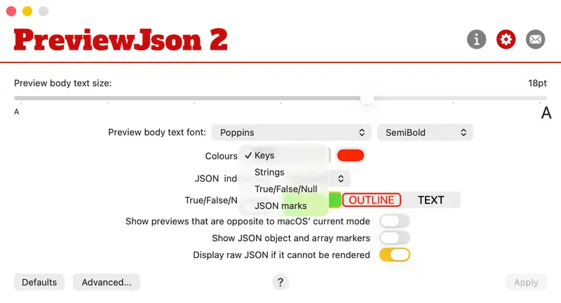 PreviewJson colour selection