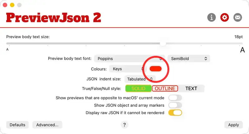 PreviewJson colour selection