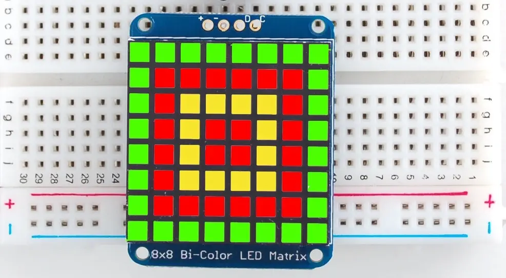 'Adafruit 1.2-inch 8x8 bi-colour LED matrix backpack. Image copyright Adafruit'