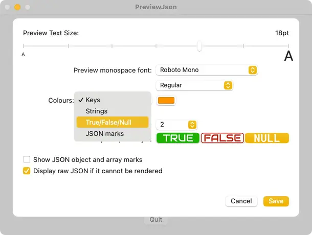 PreviewJson colour selection